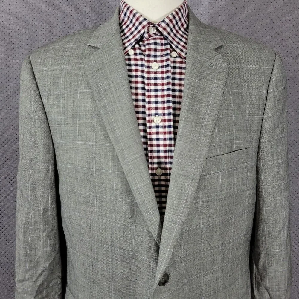 Tasso Elba Men's Sport Coat Blazer‎ Two Button Gray Plaid Shark Skin Wool 44R
